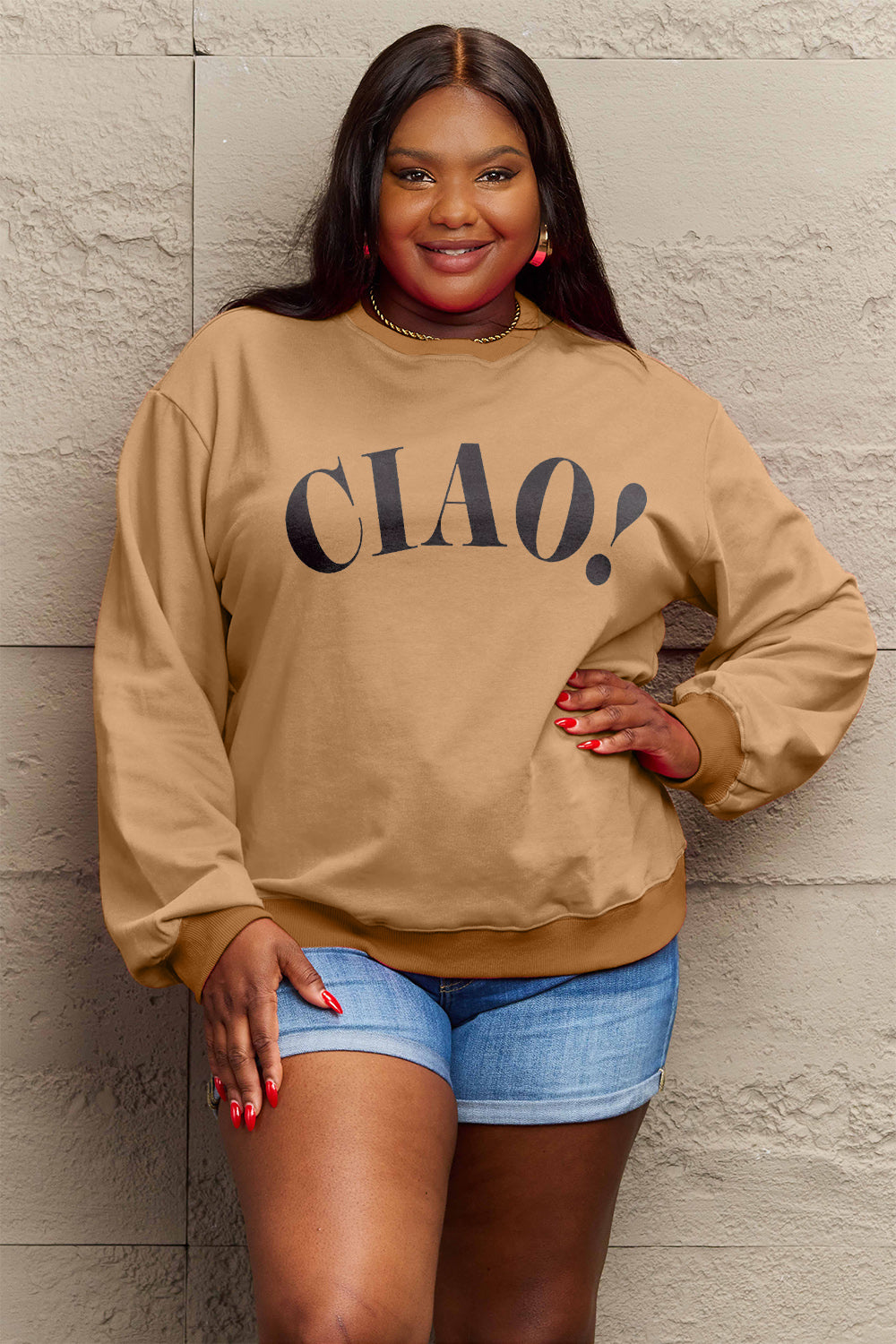 Simply Love Full Size CIAO!Round Neck Sweatshirt
