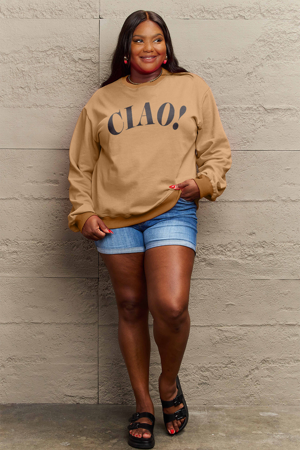 Simply Love Full Size CIAO!Round Neck Sweatshirt